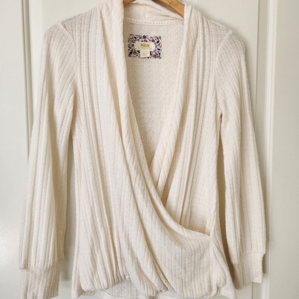 Maeve Anthropologie Womens Sweater Ivory Faux Wrap Front Long Sleeve Knit Xsmall - Picture 1 of 13